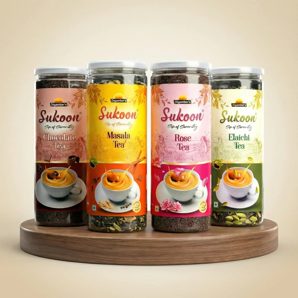 Digamber Sukoon flavoured tea range including chocolate masala rose and cardamom tea