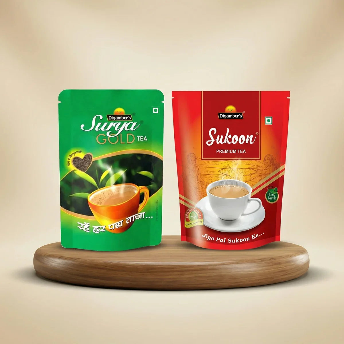 Digamber Tea Surya Gold and Sukoon Premium tea packs used for its Amazon and Flipkart marketplace launch
