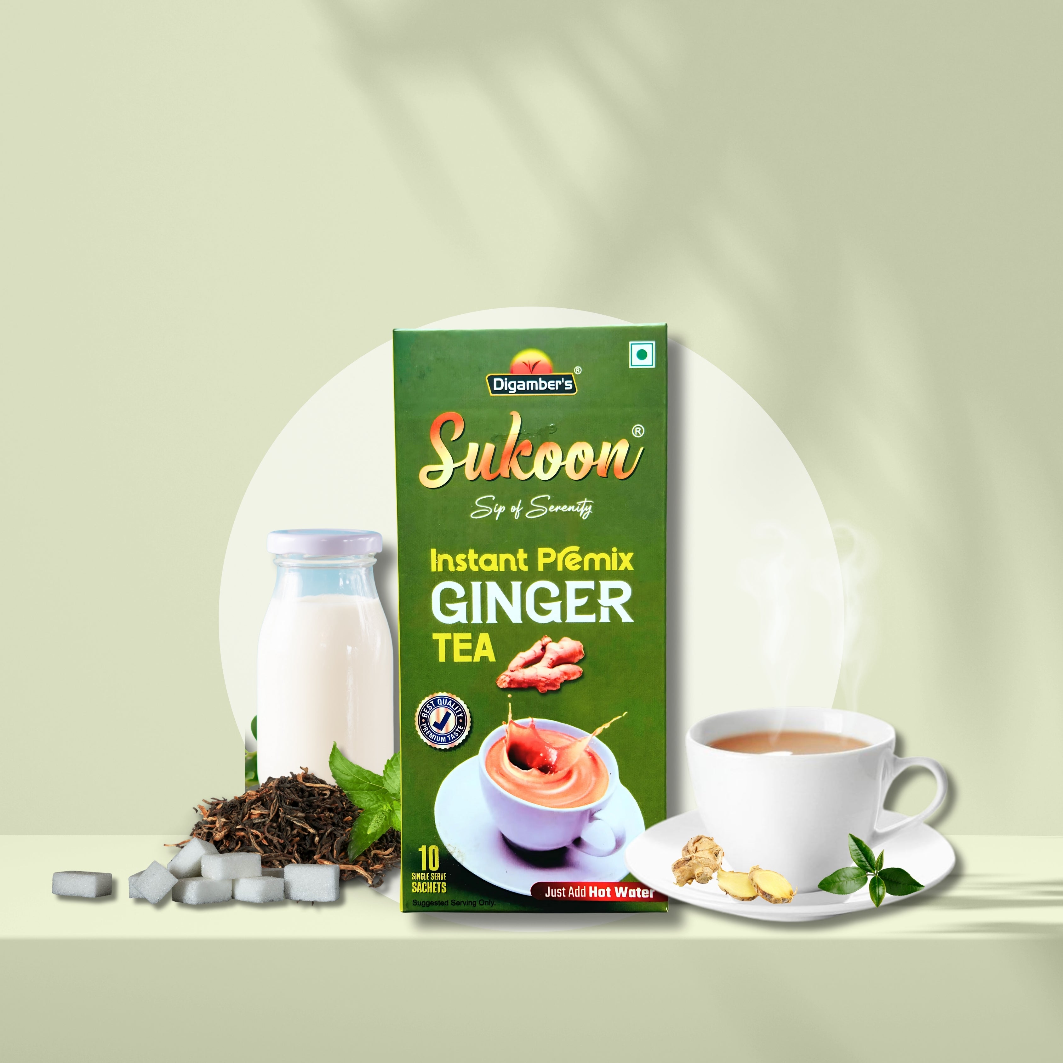 Sukoon Premium Ginger Instant Premix Tea pack with ginger and prepared tea