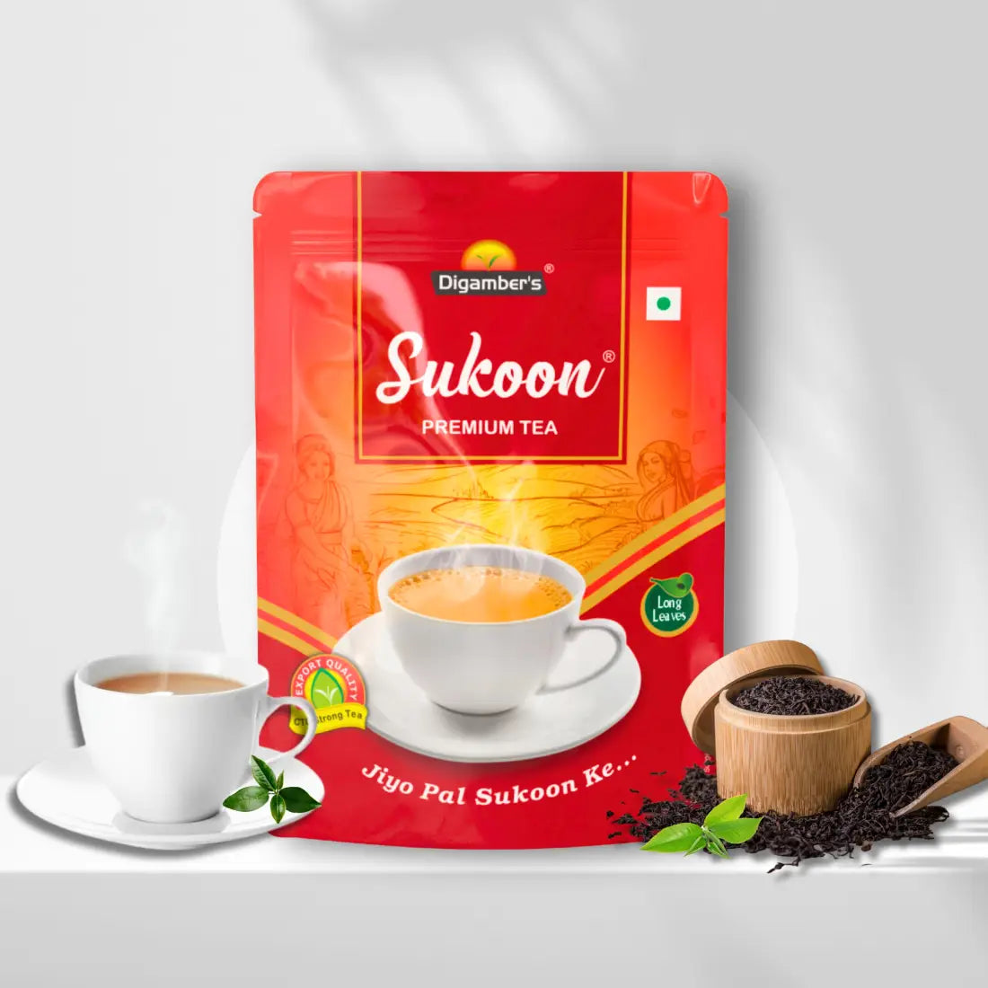 Sukoon Premium CTC Leaf Tea pack with prepared chai