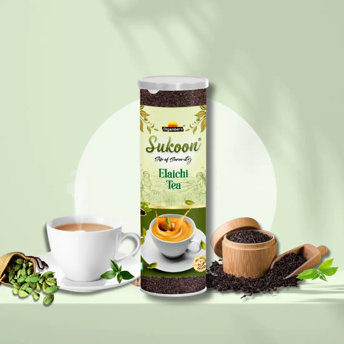 Sukoon Premium Elaichi Tea jar with cardamom and prepared tea